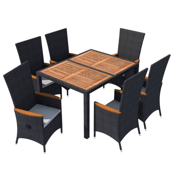 Set Mobilier De Exterior 7 Piese Negru Poliratan Lemn De Acacia 48013